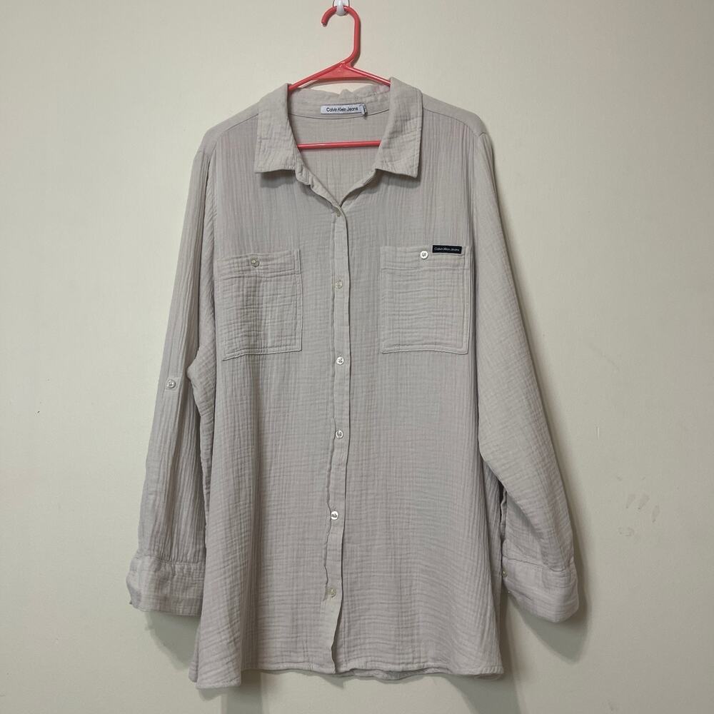 Calvin Klein Jeans Women's Plus Size Button Up‎ Shirt Cotton Shirt Beige 2X - Picture 4 of 12